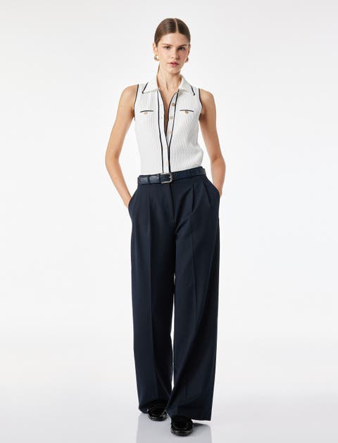 Button-front Sleeveless Polo Knit Top Contrast Trim