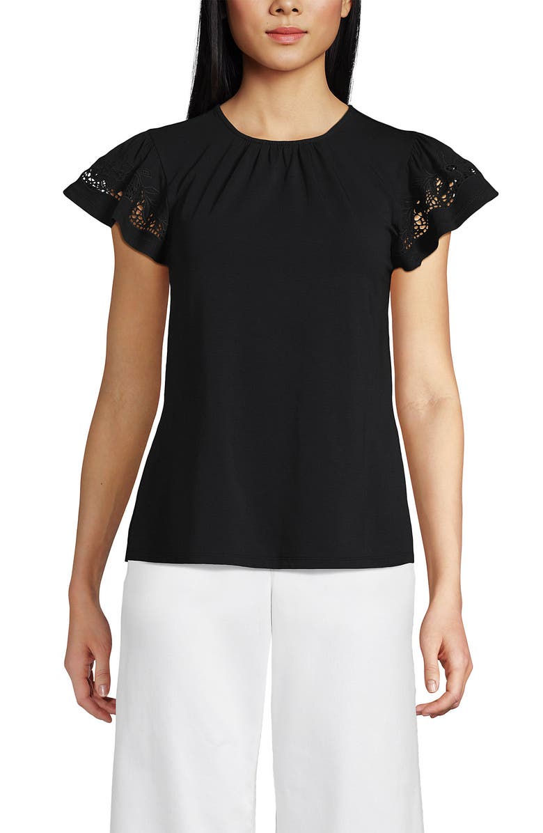 Lands' End Lightweight Jersey Crew Neck Ruffle Sleeve Flowy Top, Alternate, color, Black