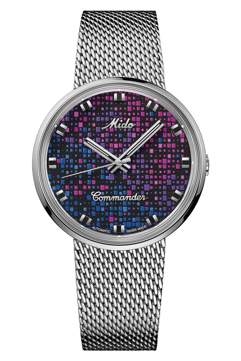 Commander 1959 Pixel Dial Automatic Mesh Strap Watch, 37mm, Main, color, BLACK MULTI
