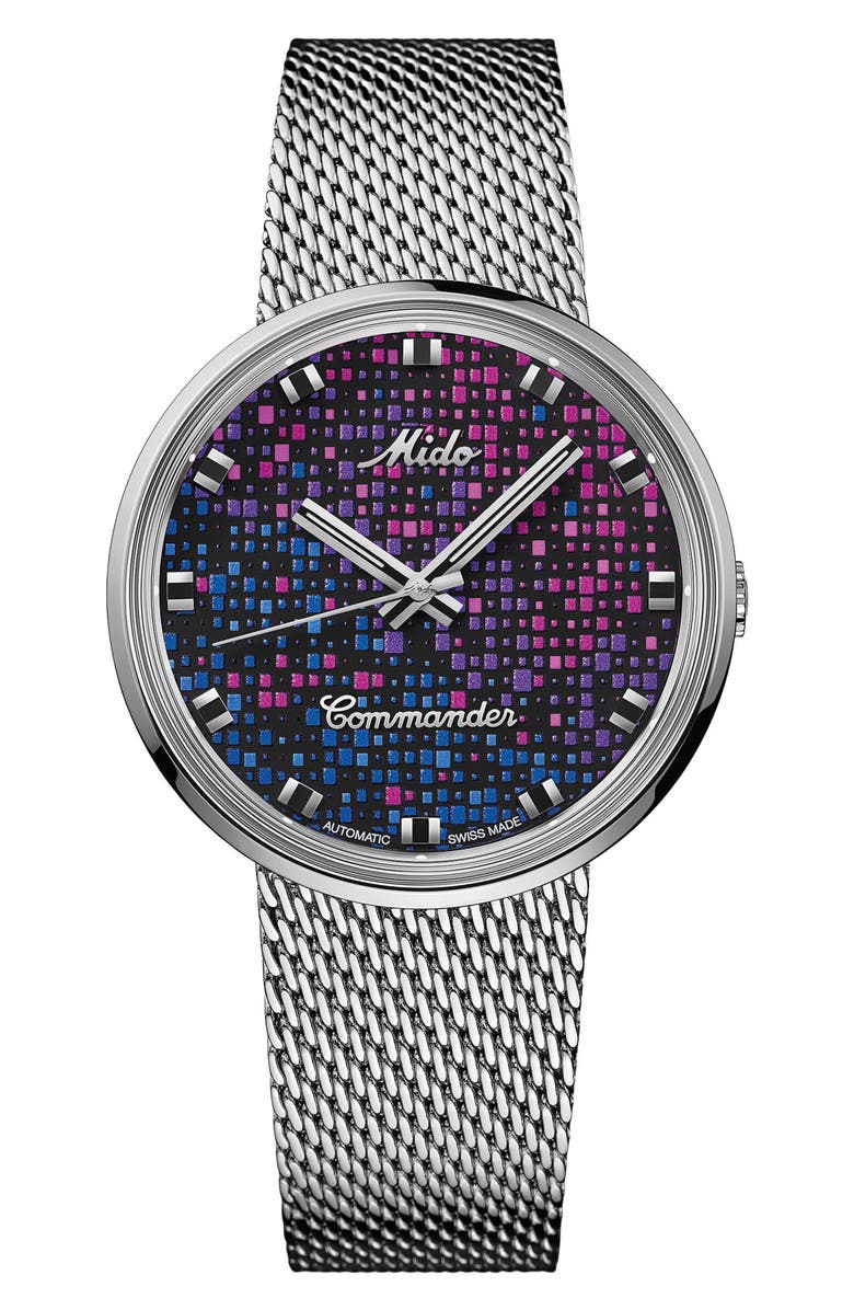 MIDO Commander 1959 Pixel Dial Automatic Mesh Strap Watch, 37mm, Main, color, Black Multi