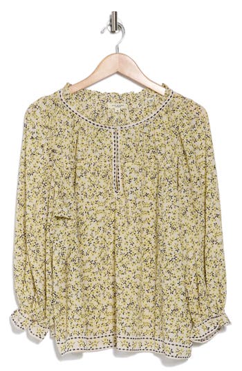 Max Studio Floral Balloon Sleeve Top In Ivory/yellow Daisy Sprinkle