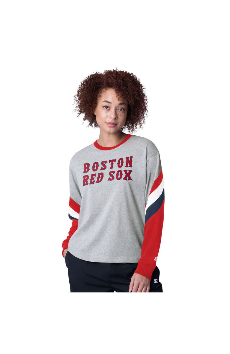 STARTER Women's Starter Heather Gray Boston Red Sox Triple A Fashion Color Block Long Sleeve Top, Alternate, color,
