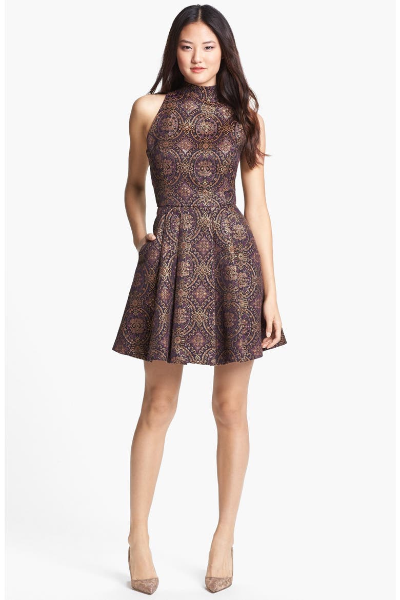 BB Dakota Jacquard Cutaway Fit & Flare Dress, Main, color, PURPLE