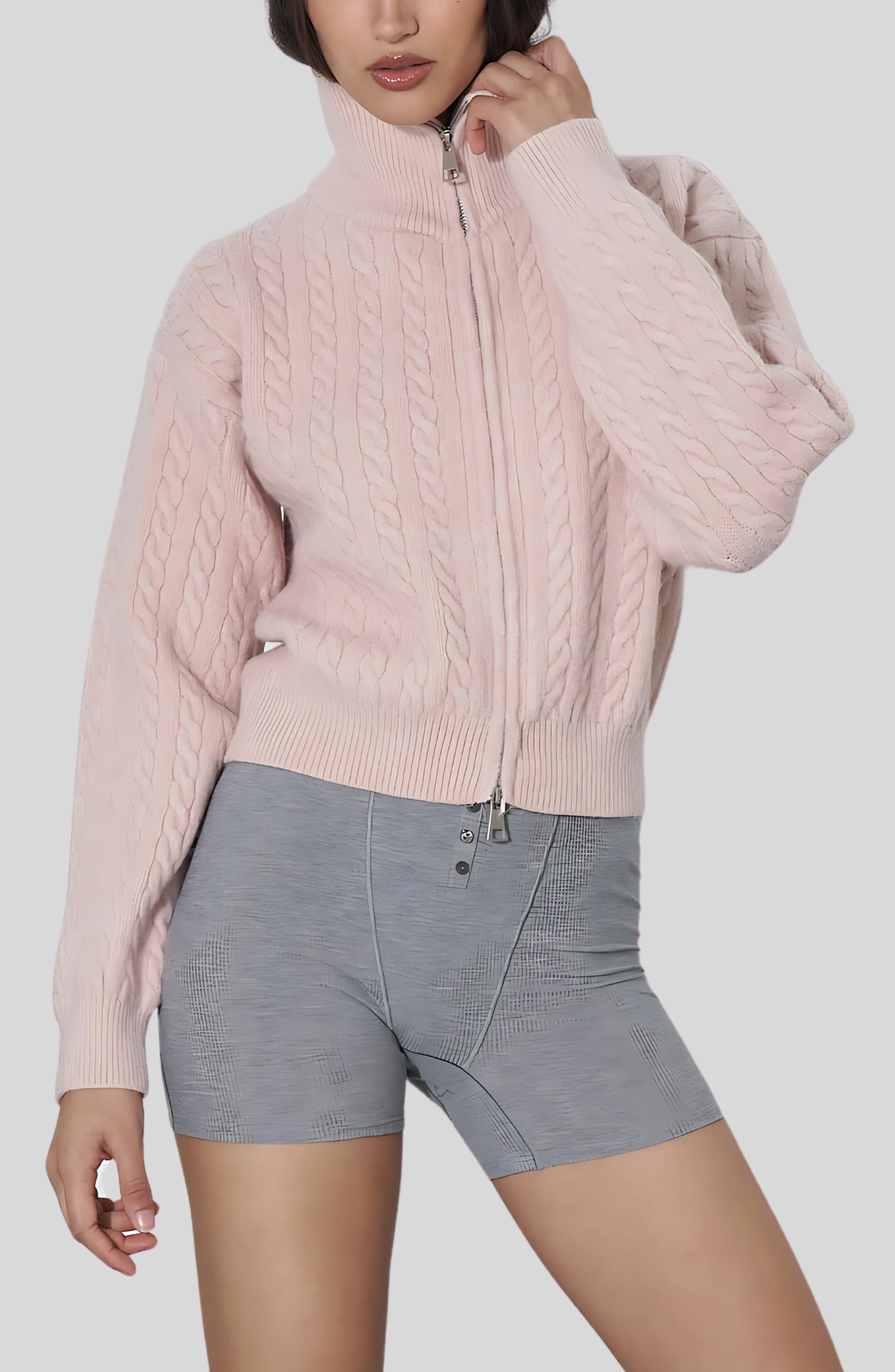 Front Zip Cable Stitch Cardigan