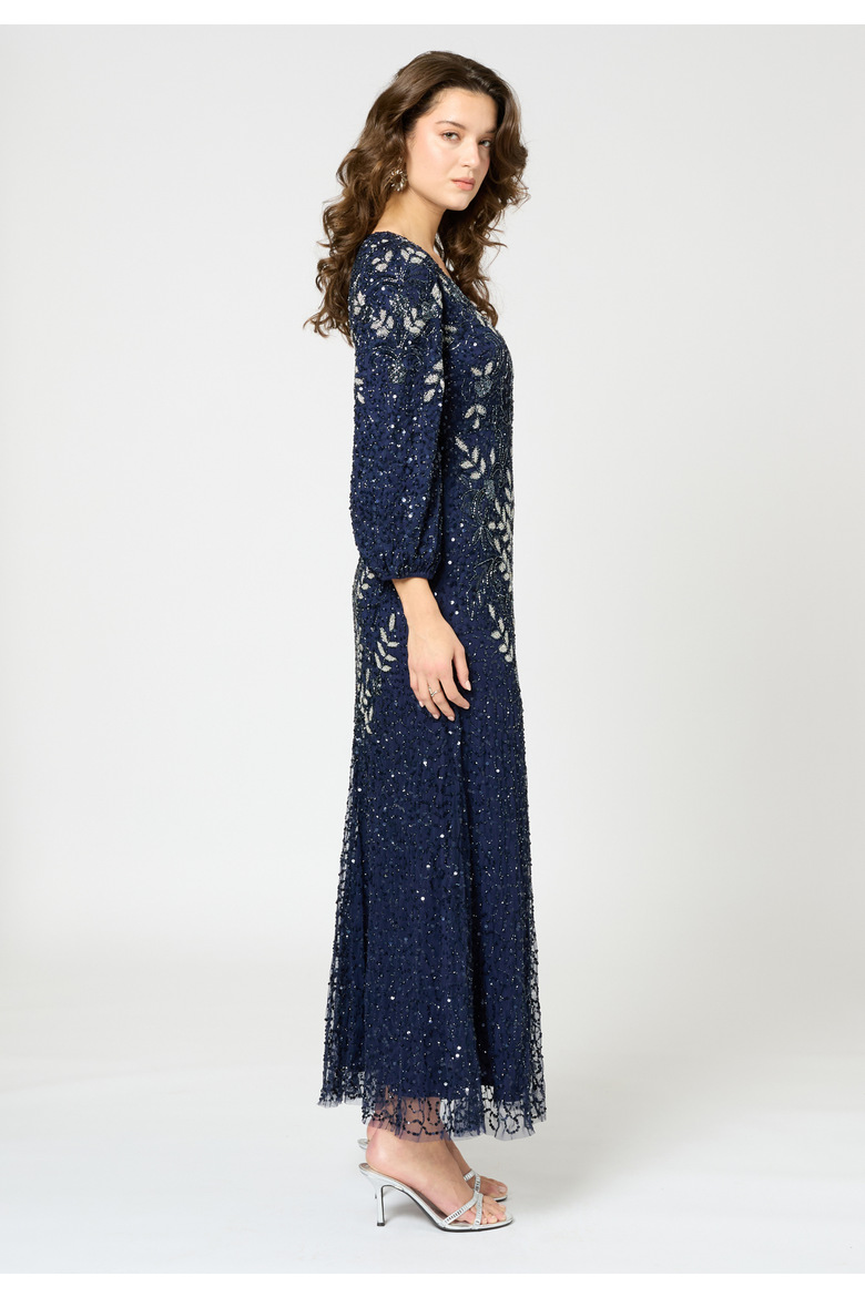Embellished Sequin Beaded Maxi Dress With Sleeves, Alternate, color, MID NIGHT BLUE