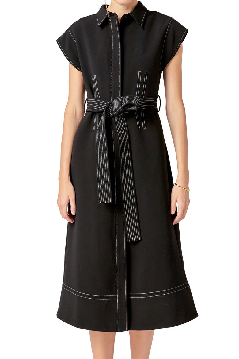 Contrast Stitch Tie Waist Midi Dress, Alternate, color, BLACK/WHITE