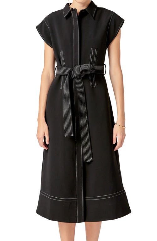 ENGLISH FACTORY ENGLISH FACTORY CONTRAST STITCH TIE WAIST MIDI DRESS 
