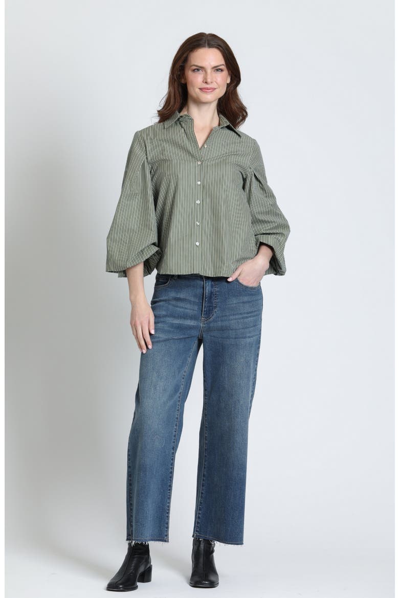 Cotton Bubble Sleeve Button-Up Shirt, Alternate, color, OLIVE DRIFT STRIPE