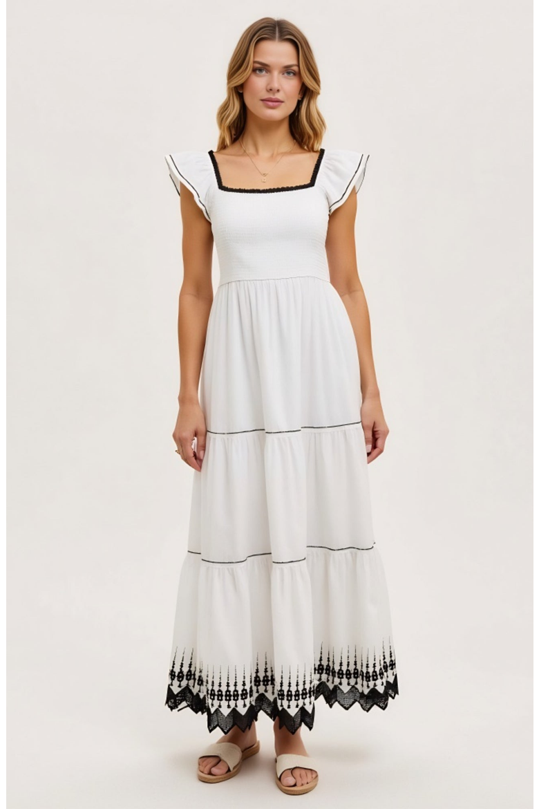 Smocked Bodice Tiered Flutter Sleeve Embroidered Hem Maxi Dress, Main, color, White / Black Trim