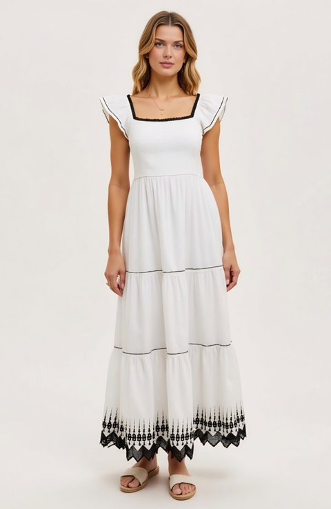 Smocked Bodice Tiered Flutter Sleeve Embroidered Hem Maxi Dress