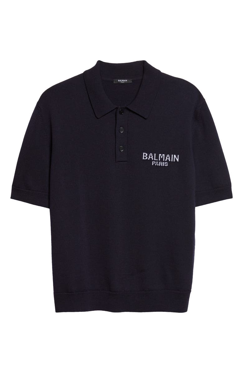 Balmain Paris Intarsia Merino Wool Polo, Alternate, color, Navy/ Natural