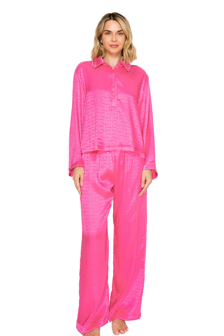 Silky Jacquard Satin Long Sleeve & wide Leg Pajama set, Main, color, Raspberry