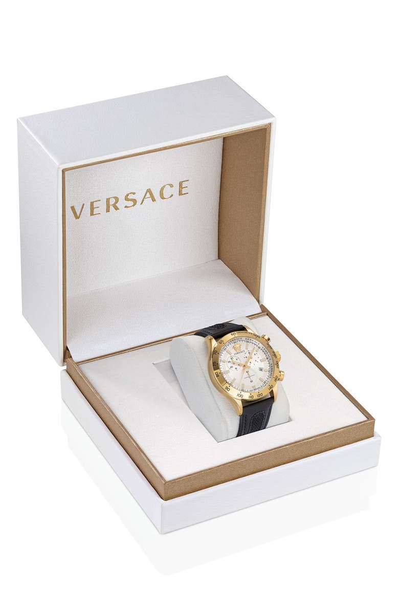 Versace Hellenyium Chronograph Leather Strap Watch, 44mm, Alternate, color, Gold