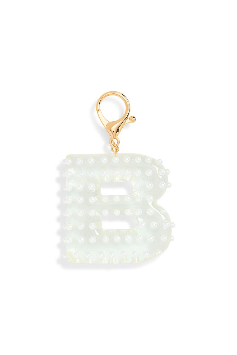 Faux Pearl Initial Bag Charm, Main, color, B- CLEAR- WHITE- GOLD