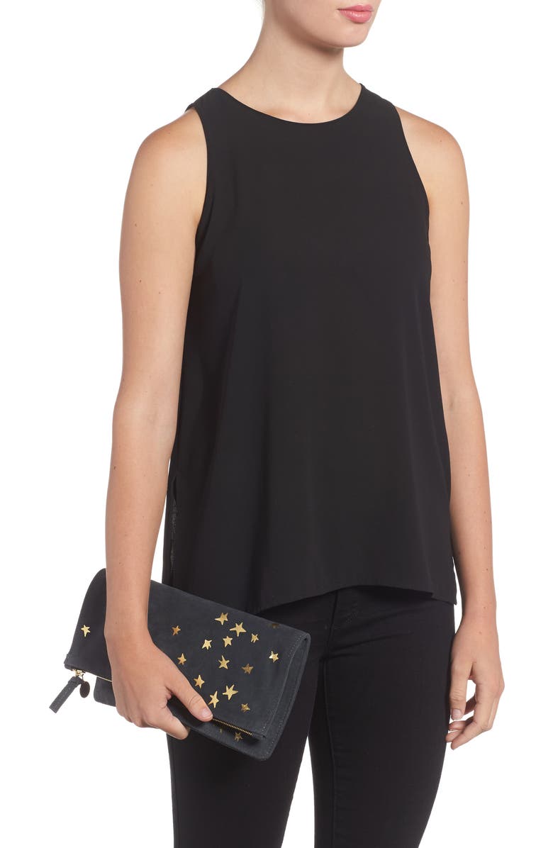 Clare V. Margot Star Print Foldover Suede Clutch, Alternate, color,