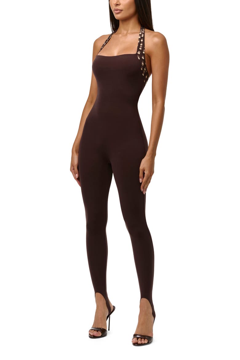 Chiffon Strap Stirrup Jumpsuit, Alternate, color, DARK CHOCOLATE