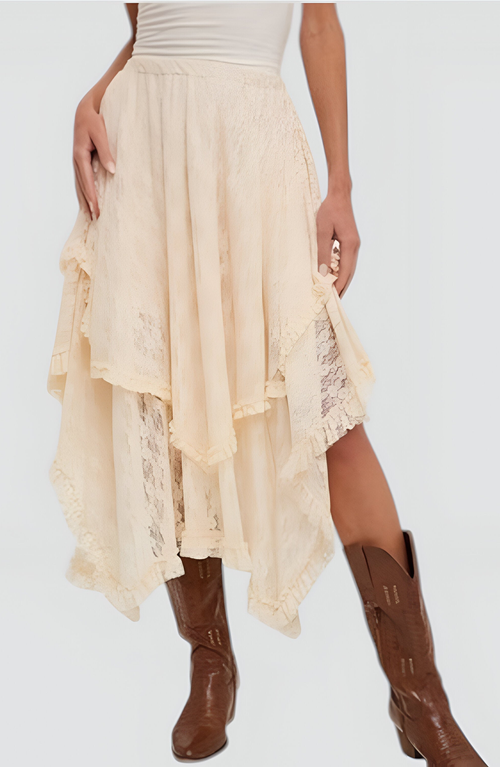 Modenaire Tiered Lace Asymmetrical Skirt With Handkerchief Hem And Lined Detail In Neutral
