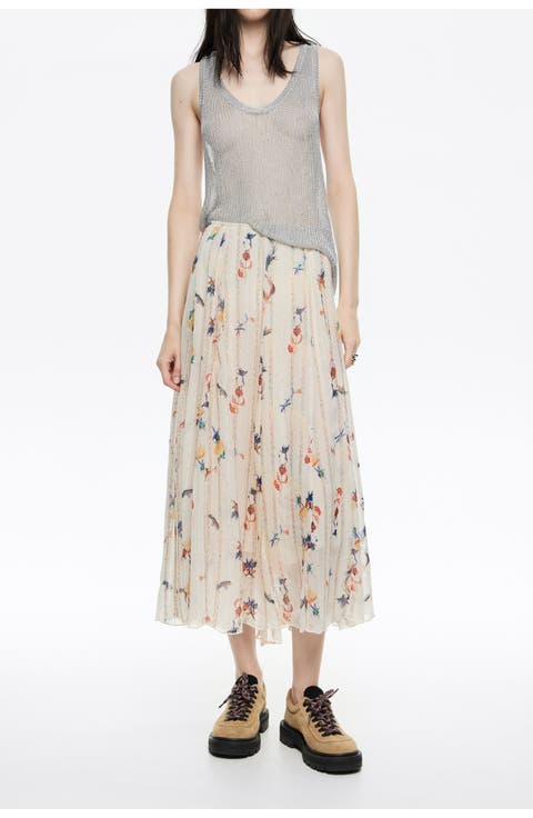 Flowers Scan Flared Midi Skirt