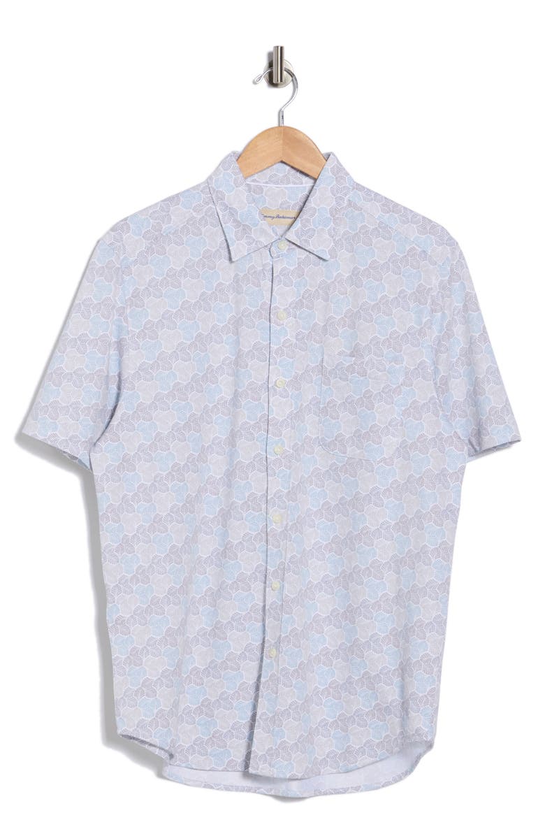 Tommy Bahama Honeycomb Geo Print Short Sleeve Button-Up Shirt, Main, color, Avalanche