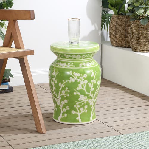 Jonathan Y Cherry Blossom 17.75" Ceramic Garden Stool In Green/white