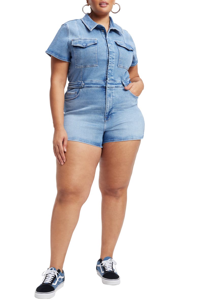 Good American Fit for Success Denim Utility Romper, Alternate, color, Blue274
