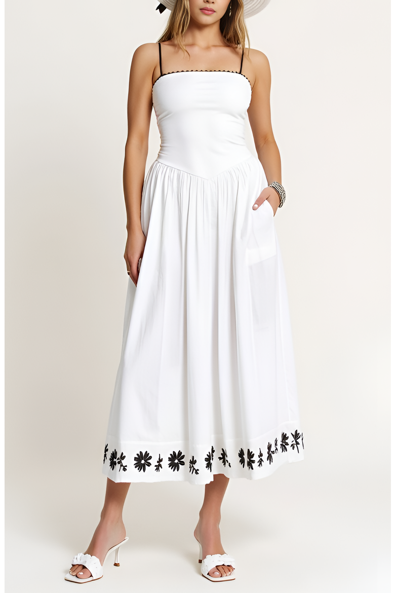 Strapless Embroidered Hem A-Line Dress with Corset Waist, Alternate, color, White / Black
