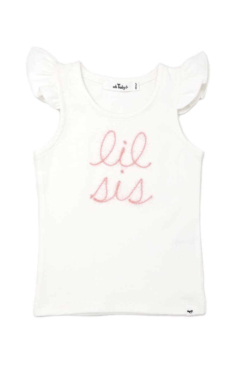 oh baby! "lil sis" Pink Embroidered Cotton Baby Rib Flutter Sleeve Tank, Alternate, color, Cream