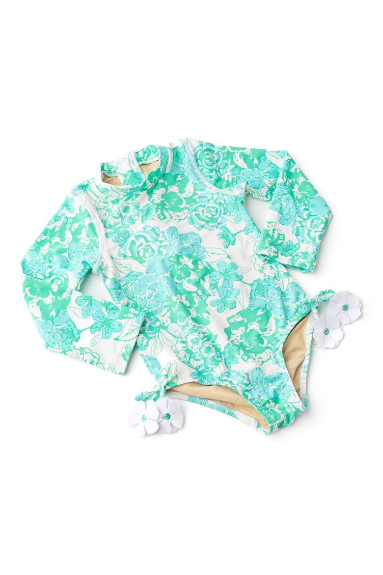 Kids' Charming Rose One-Piece Rashguard Swimsuit, Alternate, color, GREEN