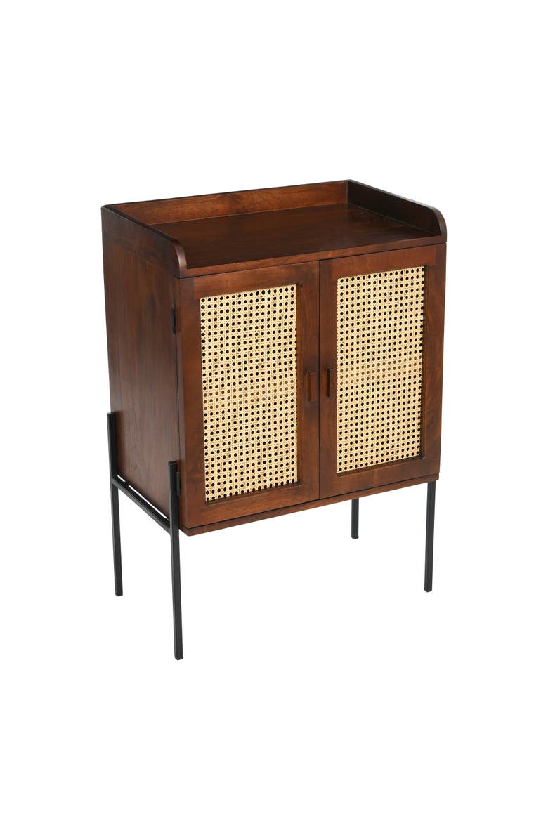 Storied Home Boho Solid Wood Bar Cabinet with Metal Legs and Woven Cane Doors, Walnut and Natural, Main, color, Brown