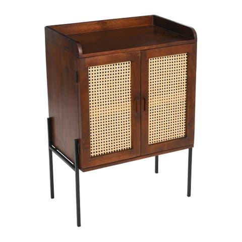 Boho Solid Wood Bar Cabinet with Metal Legs and Woven Cane Doors, Walnut and Natural