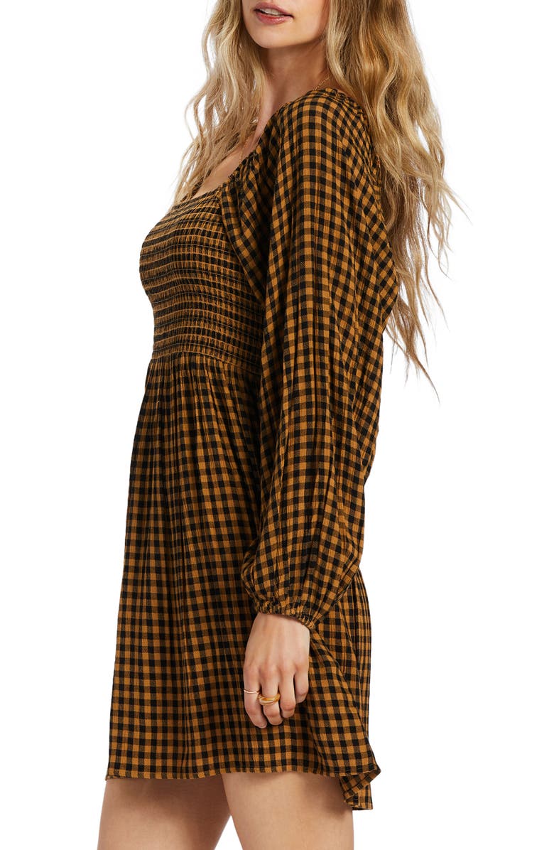 Billabong Paradise Days Long Sleeve Smocked Minidress, Alternate, color, Cosmic Khaki