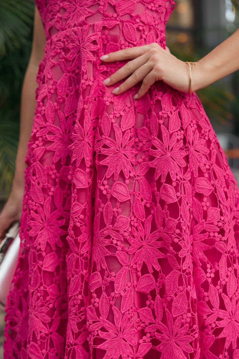 Sleeveless Square Neck Lace A-Line Midi Dress, Alternate, color, Hot Pink