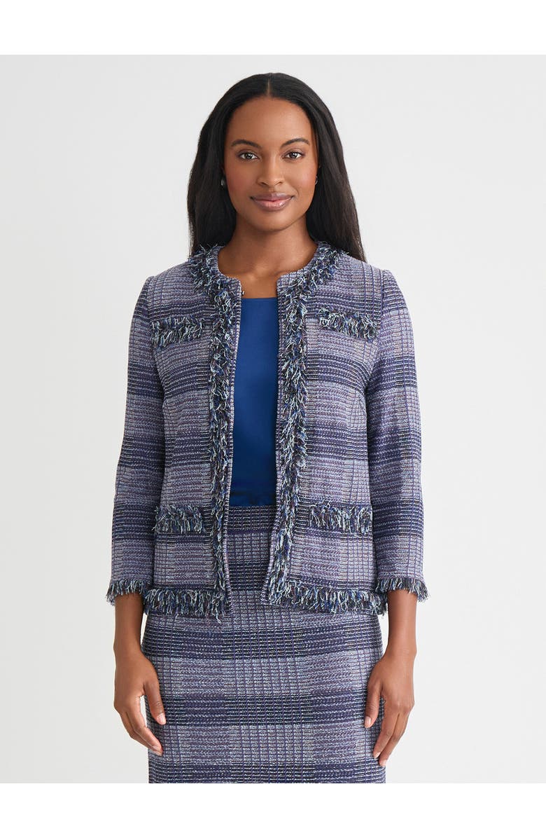 Misook Heritage Plaid Fringe Trim Knit Jacket, Main, color, Blue/Sangria/Black