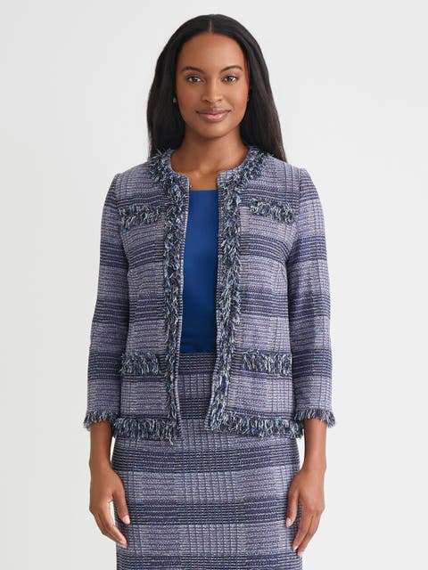 Heritage Plaid Fringe Trim Knit Jacket
