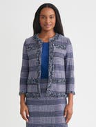 Misook Heritage Plaid Fringe Trim Knit Jacket