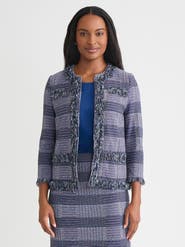 Misook Heritage Plaid Fringe Trim Knit Jacket