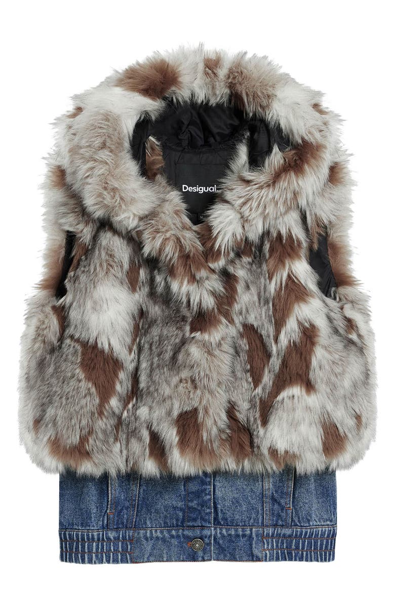 Desigual Faux Fur Denim Hooded Vest, Alternate, color, Beige