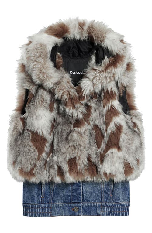 Desigual Faux Fur Denim Hooded Vest In Nude