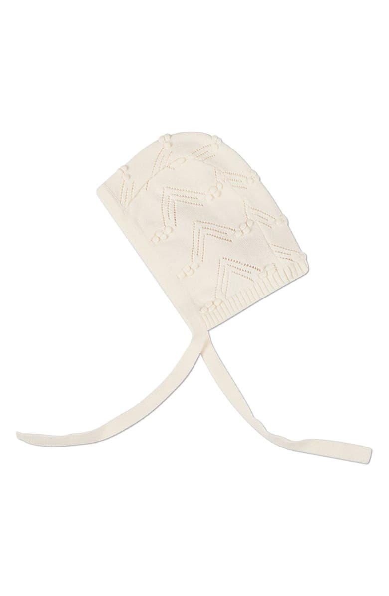 MiniMoi Pointelle Knit Bonnet with Strings, Main, color, Ivory