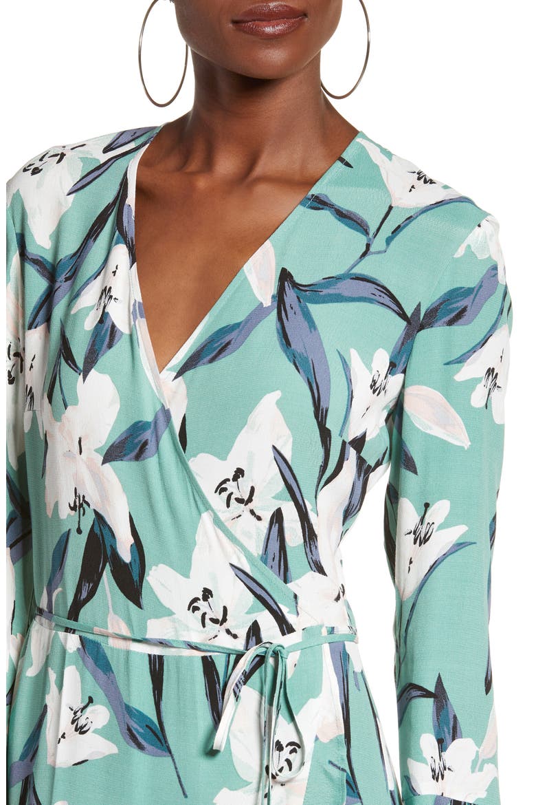 Bell Sleeve Wrap Midi Dress, Alternate, color, GREEN WING ROMANTIC FLR