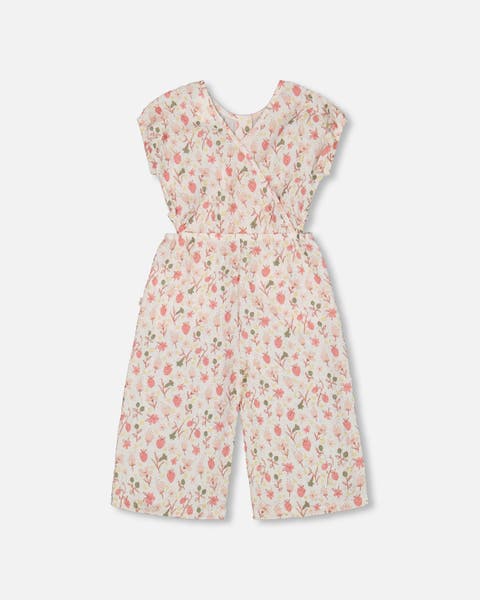Little Girl's Printed Seersucker Jumpsuit With Cut Outs Pink Flowers On Cream Background
