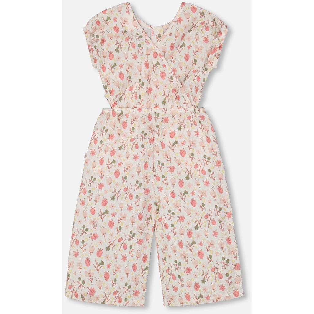 Deux Par Deux Little Girl's Printed Seersucker Jumpsuit With Cut Outs Pink Flowers On Cream Backgrou In Pink Flowers On Cream