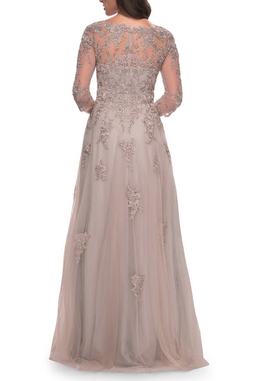 La Femme Tulle And Lace A-line Dress With V Neckline In Dusty Mauve