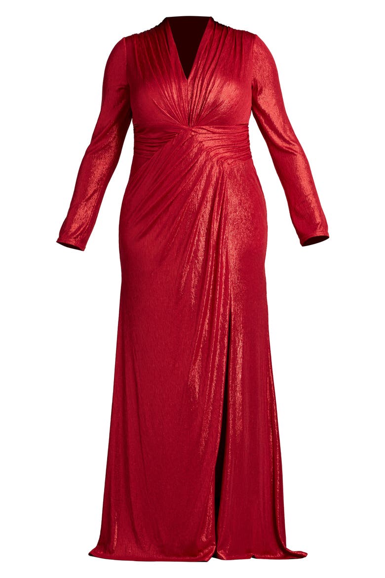 Metallic Long Sleeve Gown, Alternate, color, DEEP RED