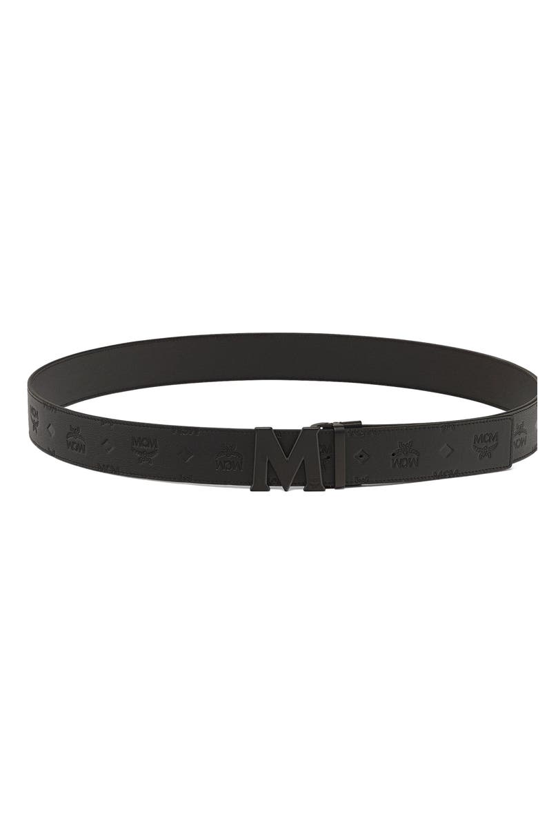 MCM Claus M Reversible Belt 1.75 in Embossed Monogram Leather, Alternate, color, Black / Matte Black