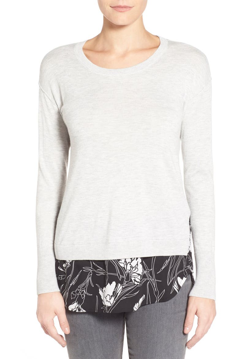 Woven Hem Layered Look Sweater, Main, color, GREY- IVORY FLORAL