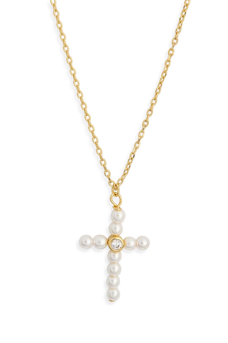 Faux Pearl and Cubic Zirconia Cross Pendant Necklace, Alternate, color, GOLD