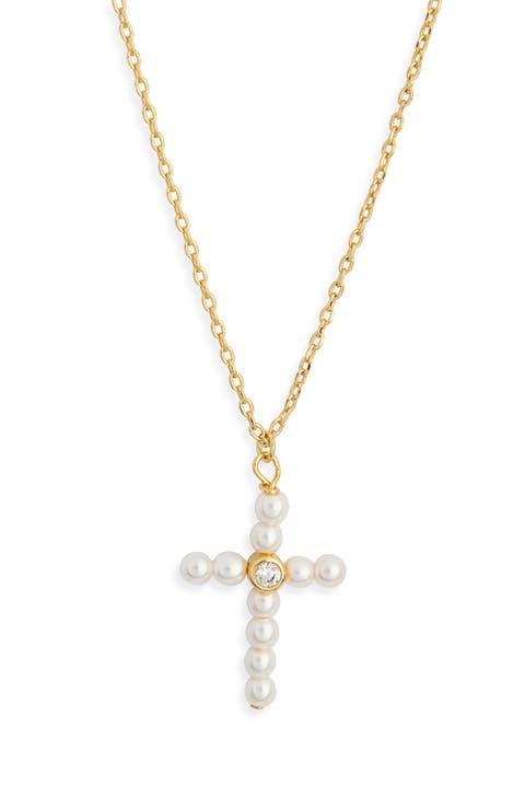 Faux Pearl and Cubic Zirconia Cross Pendant Necklace