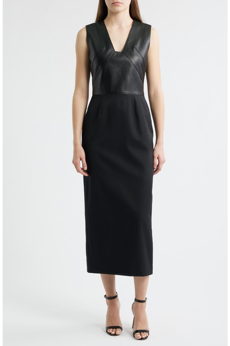 Drumialda Wool & Leather Column Dress, Main, color, BLACK