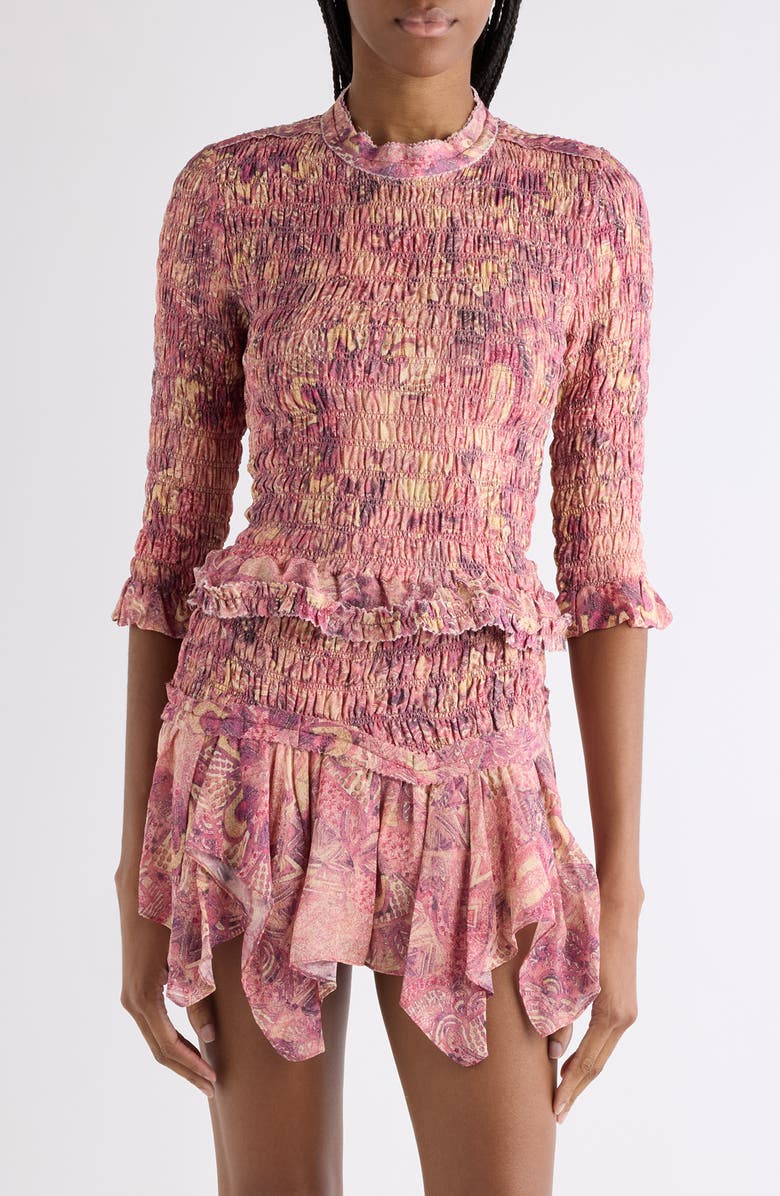 Isabel Marant Carola Smocked Silk Georgette Top, Main, color, Pink